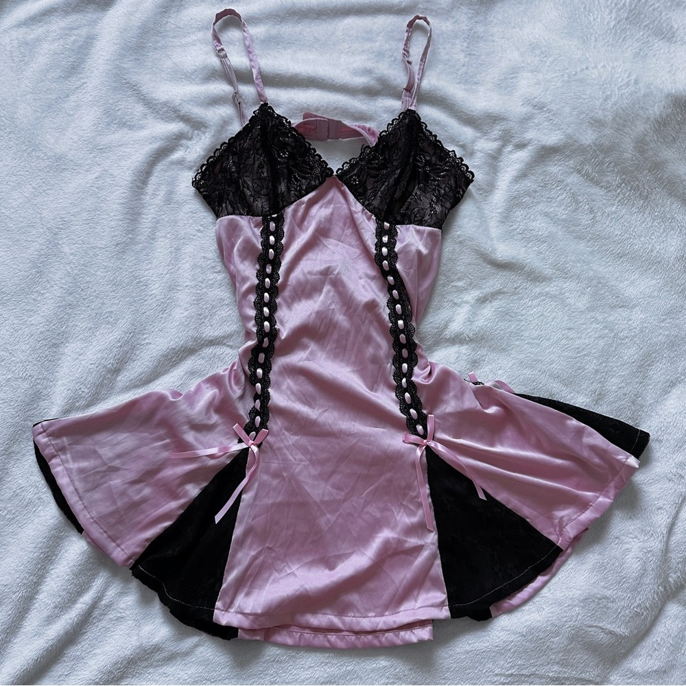 Dolls kill satin pink and black lace slip dress M